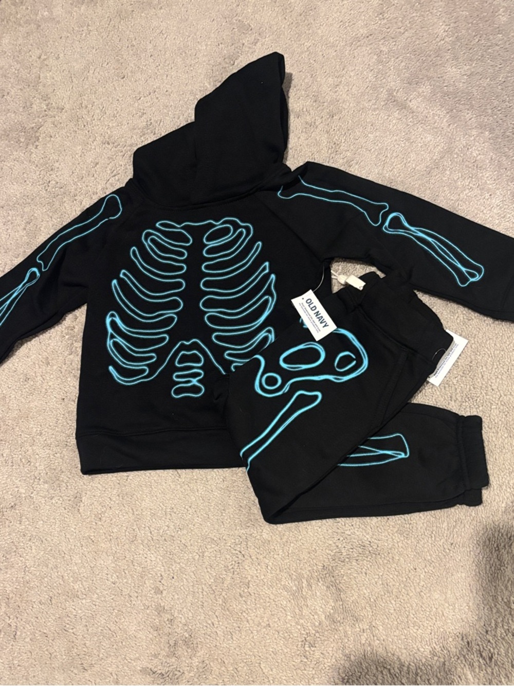 Old Navy Black Hoodie and Pants Skeleton Costume with Teal Bone Accents
